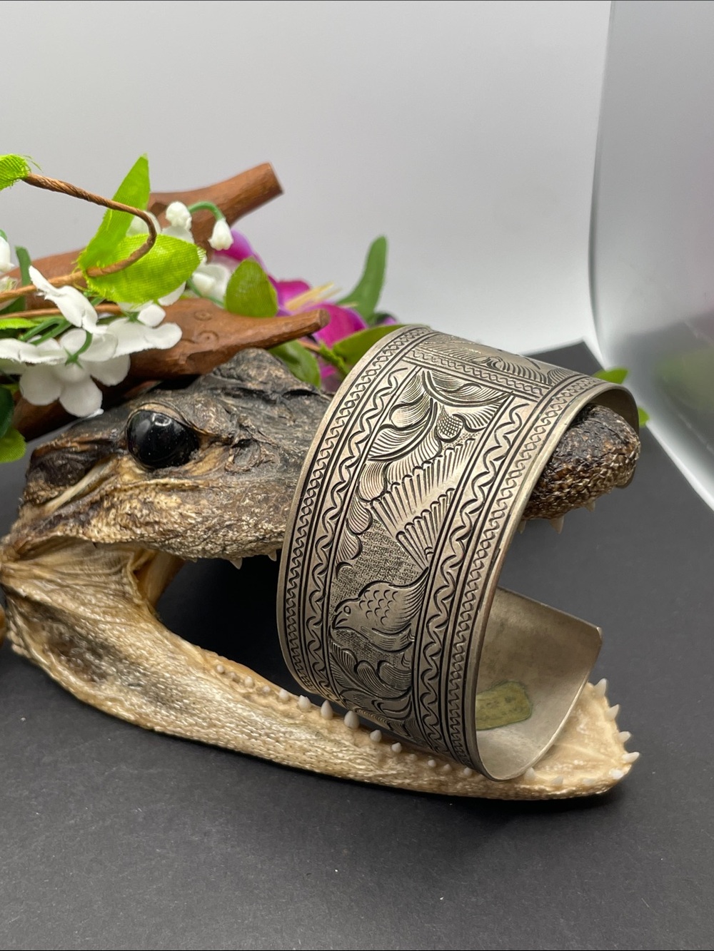 Thailand Etched metal cuff bracelet vintage